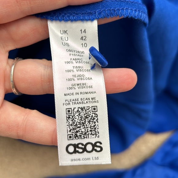 NWT ASOS Rare white line royal blue satin midi long sleeve tie cuff v neck dress - Picture 8 of 11